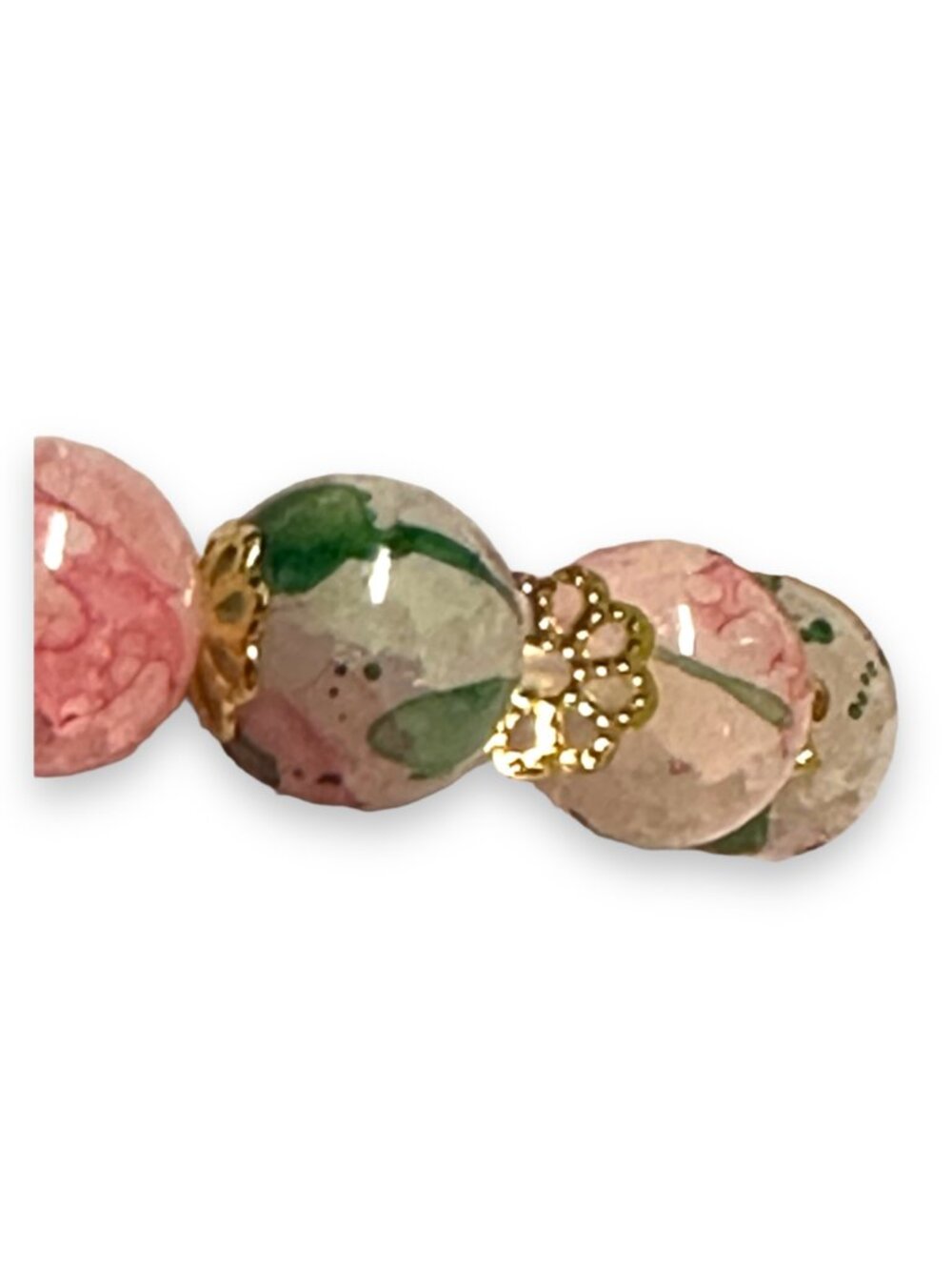 Crackled Glass Ombre Cherry Blossom Bracelet - Pink & Green Floral Stretch Brace - Picture 8 of 9
